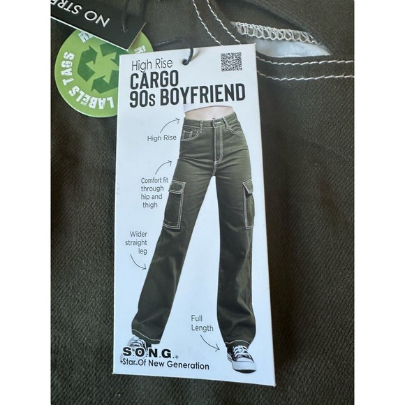 High Rise Cargo 90s Boyfriend Slouchy Baggy Jeans Wide Leg Army Green Size 17/33 - Picture 8 of 16